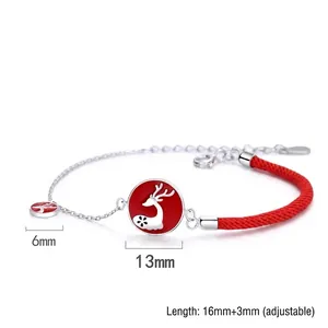 S925 Sterling Silber rotes Armband mit Hirsch-Anhänger und verstellbarer Silberkette