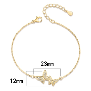 Bracelet double papillon en argent 925 avec zircons cubiques et chaîne ajustable