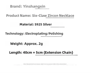 Specifications of S925 sterling silver necklace with six-prong zircon and 40+5cm chain