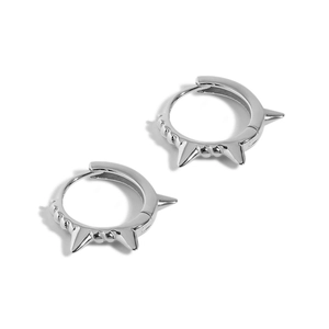 Detailed view of S925 sterling silver hoop earrings with punk style spike studs in silver