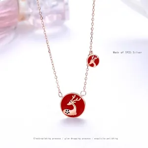 Elegant S925 silver reindeer necklace with red enamel pendants on rose gold chain