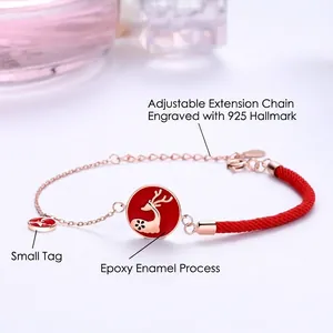 S925 Silber Armband mit rotem Seil, Roségold-Kette und goldenem Hirsch-Anhänger