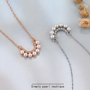 S925 Sterling Silver Artificial Pearl Necklace Elegant Horseshoe U-Shape Pendant With Zirconia For Women Sweet Jewelry Gift Accessory