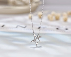 Macro detail of S925 sterling silver star pendant necklace with sparkling zircon inlay