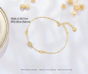 925 Sterling Silver Gold Bracelet with Cylinder Pave Zircon Pendant on White Silk