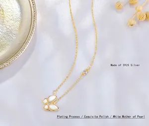 Collier papillon en argent 925 avec nacre blanche et chaîne délicate plaquée or