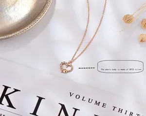 Elegant rose gold s925 sterling silver heart necklace with white zircon stones