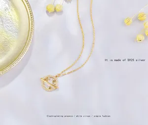 S925 sterling silver gold planet necklace with white zircon stars and orbit pendant