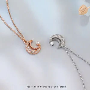 S925 Sterling Silver Crescent Moon Pendant Necklace With Artificial Pearl And Cubic Zirconia Elegant Simple Jewelry Gift For Women
