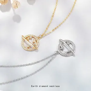 925 Sterling Silver Earth Planet Pendant Necklace Rhinestone Inlaid O-Chain Minimalist Fashion Jewelry Gift For Women