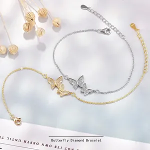 Bracelet Papillon en Argent Sterling 925 pour Femme Délicat Double Papillon Strass Chaîne à Maillons Réglable Bijoux Cadeau