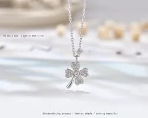 S925 sterling silver four-leaf clover necklace with sparkling micro-pave zirconia crystals