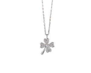S925 sterling silver four-leaf clover necklace with pavé zircon crystals on silver chain