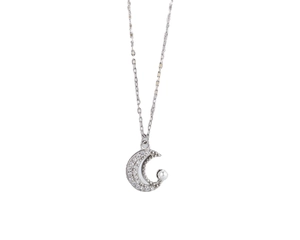 Elegant S925 sterling silver crescent moon necklace with zircons and pearl pendant