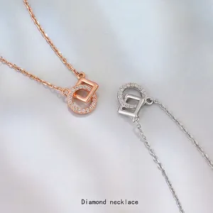 Collana con Pendente Quadrato e Tondo a Incastro in Argento Sterling 925 per Donna Minimalista Geometrica Strass Catena O