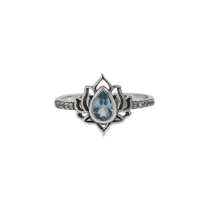 925 Sterling silver lotus ring featuring a pear-cut blue gemstone and pave zircon stones
