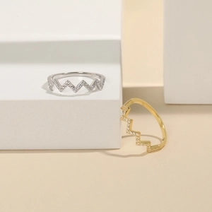 925 Sterling Silver Wave EKG Ring For Women 18K Gold Plated Geometric Adjustable Rhinestone Finger Ring Minimalist Jewelry