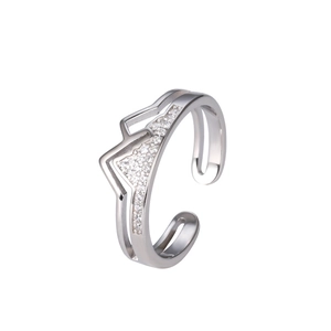 Close-up of geometric mountain design ring with paved zircon stones on silver band