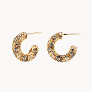 S925 sterling silver rainbow zircon C-shaped hoop earrings with colorful pavé stones