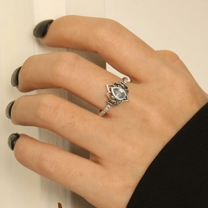 S925 sterling silver lotus flower open ring with blue gemstone and white zircon accents