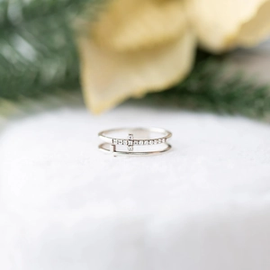 Double-layered S925 sterling silver cross ring with sparkling cubic zirconia accents