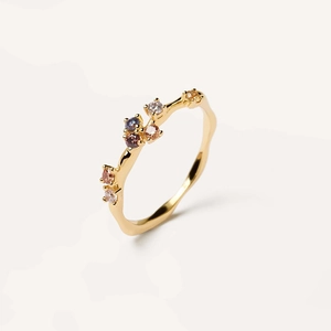 Bague en Argent Sterling S925 Zirconia Arc-en-ciel pour Femmes Plaqué Or Design Irrégulier Ondulé Bijoux de Mode Délicats