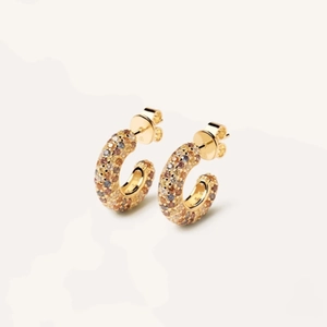 Chic gold-plated C-shape earrings with sparkling champagne and amber crystals