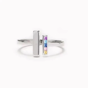 Minimalist S925 sterling silver open ring featuring rainbow gradient baguette gemstones
