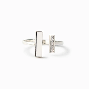 S925 sterling silver open ring featuring an asymmetric double T design with square zircons