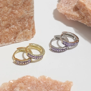 Boucles d'Oreilles Créoles Huggie en Argent Sterling 925 Zirconia pour Femmes Plaqué Or Argent Pierre Violette Bijoux