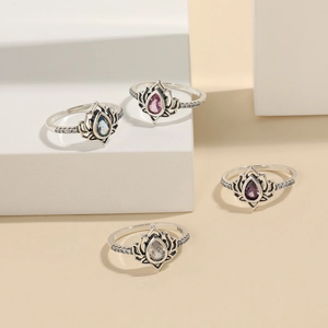 Vintage 925 Sterling Silver Lotus Flower Ring Women Exquisite Pear Cut Zirconia Inlaid Adjustable Finger Ring Jewelry