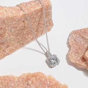 S925 sterling silver necklace featuring a square halo pendant with a round center stone
