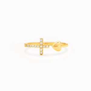 S925 sterling silver heart and cross ring with cubic zirconia in a gold finish