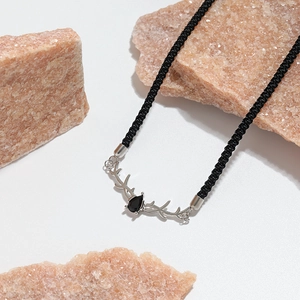 Minimalist S925 sterling silver deer antler pendant necklace with black gemstone and cord