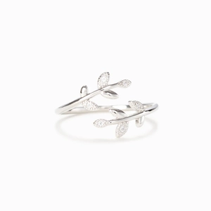 Elegant S925 sterling silver leaf open ring with sparkling cubic zirconia accents