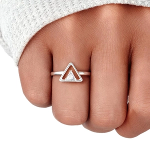 Minimalist S925 sterling silver geometric triangle ring with white zircon on finger