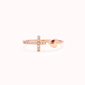 S925 sterling silver heart and cross open ring with rose gold plating and zircon