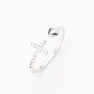 Detailed macro view of S925 silver open ring featuring a crystal heart and cross design