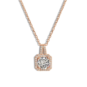 Rose gold S925 sterling silver necklace featuring a square halo pendant with a round crystal