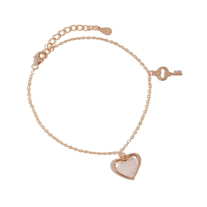 Elegant S925 sterling silver heart shell and key pendant bracelet in rose gold finish