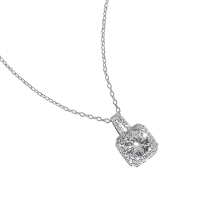 Detail of s925 silver necklace featuring a square halo pendant with a round brilliant zircon