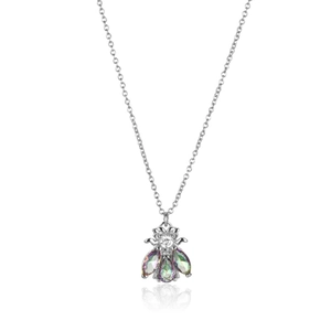 Élégant collier abeille en argent massif S925 avec cristaux arc-en-ciel sur fond blanc