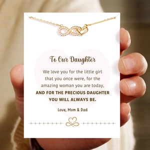 Gold s925 infinity heart necklace on a gift card for daughters with sparkling crystals