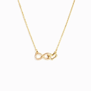 Elegant s925 gold infinity heart necklace with crystal accents on a white background