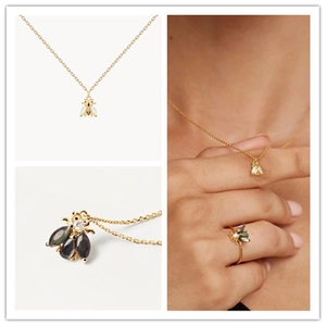 S925 sterling silver honey bee jewelry set with necklace and ring featuring zircon stones