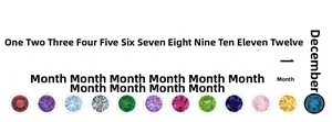 Detailed row of twelve colorful round-cut birthstones from January to December on white base