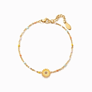 Chic S925 sunflower gold bracelet with colorful enamel beads for women in a white background