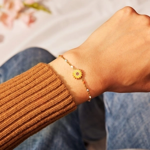 925 Sterling Silver Sunflower Enamel Bracelet For Women Dainty Daisy Flower Colorful Beads Adjustable Hand Jewelry Gift