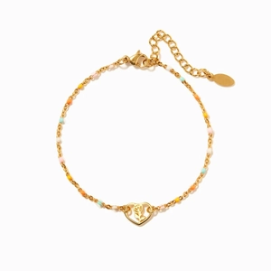 S925 sterling silver gold bracelet with colorful beads and heart-shaped rose pendant