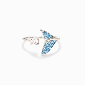Bague Ouverte Réglable en Argent Sterling 925 pour Femme Design de Queue de Poisson Sirène Strass Bleu Blanc Bijoux de Mode